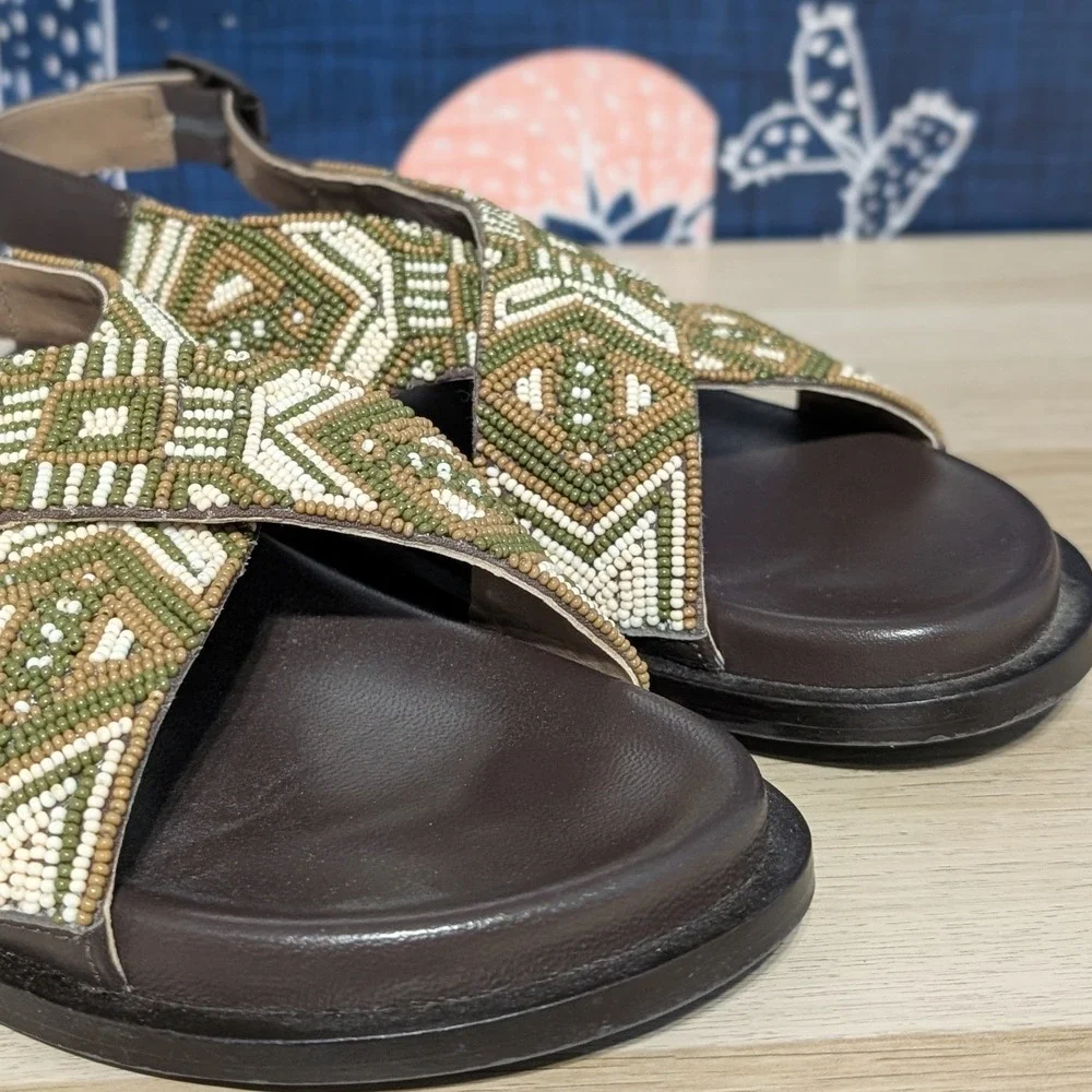 Free People Leather Mali Beaded Slip On Cross Straps Sandals Multi Size 8
